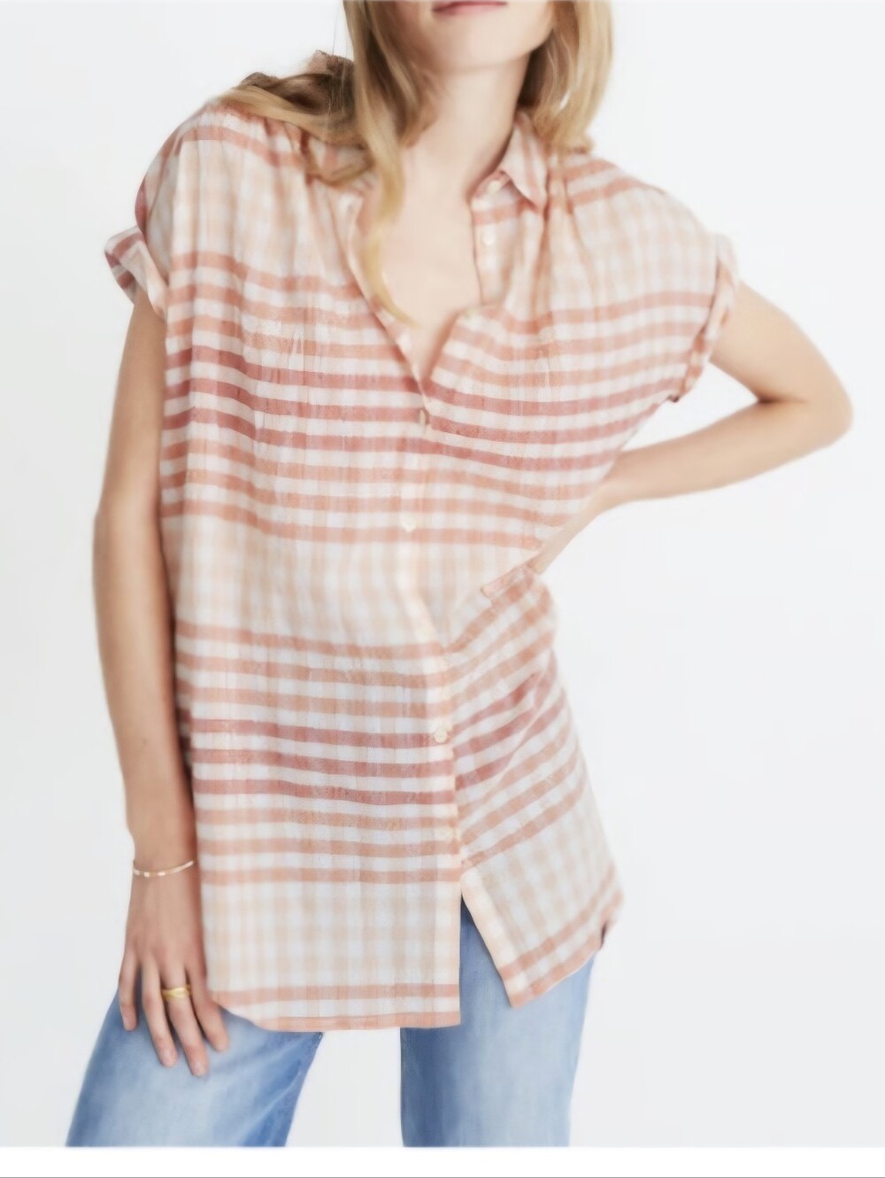 NWT Madewell Womens Peach Plaid Button-Front Shirt